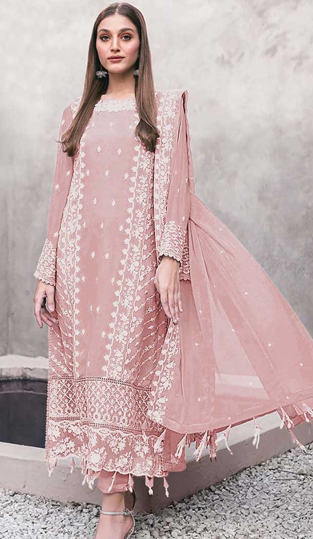 Peach Georgette Embroidered Designer Pakistani Salwar Kameez - 12055204837