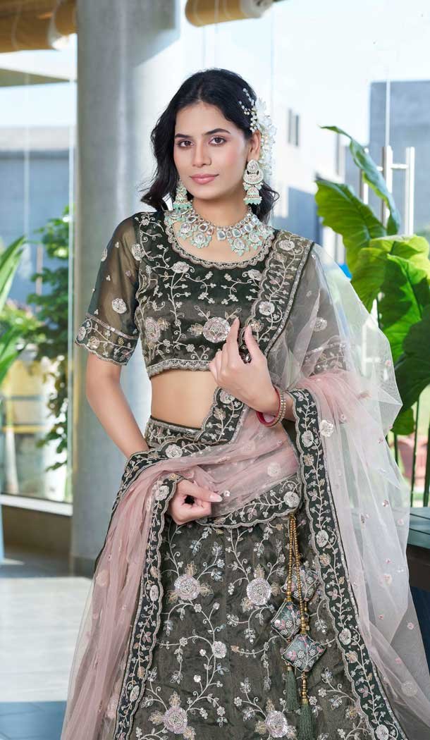Silk Sequins Work Wedding Wear Lehenga Choli In Olive Green - 12100205240