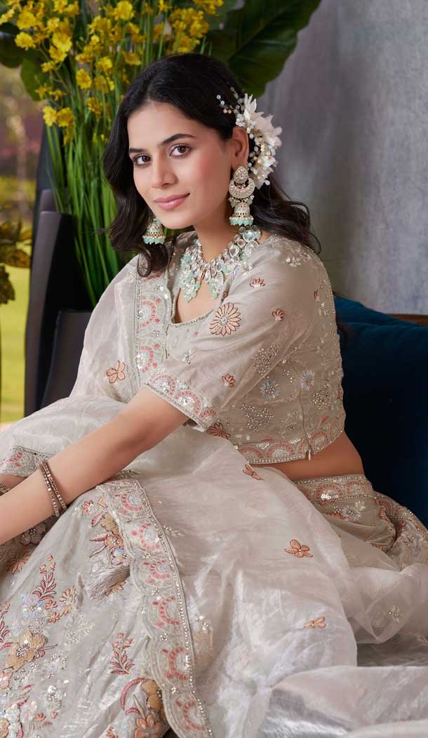 Fendi Silk Sequins Work Wedding Wear Lehenga Choli In Off White - 12100205243