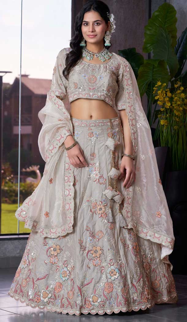 Fendi Silk Sequins Work Wedding Wear Lehenga Choli In Off White - 12100205243