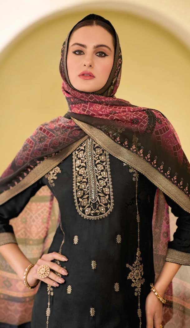 Black Viscose Jacquard Work Party Wear Salwar Suit - 12118205479