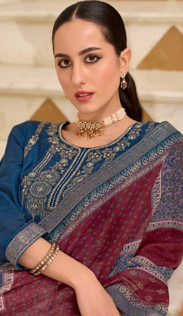 Teal Blue Viscose Jacquard Work Party Wear Salwar Suit - 12118205480