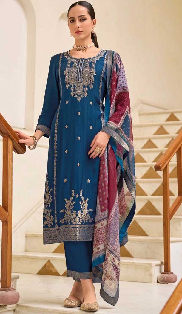 Teal Blue Viscose Jacquard Work Party Wear Salwar Suit - 12118205480