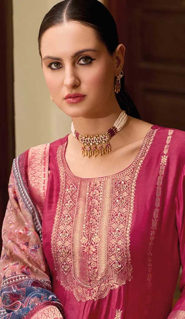 Cherry Red Viscose Jacquard Work Party Wear Salwar Suit - 12118205481