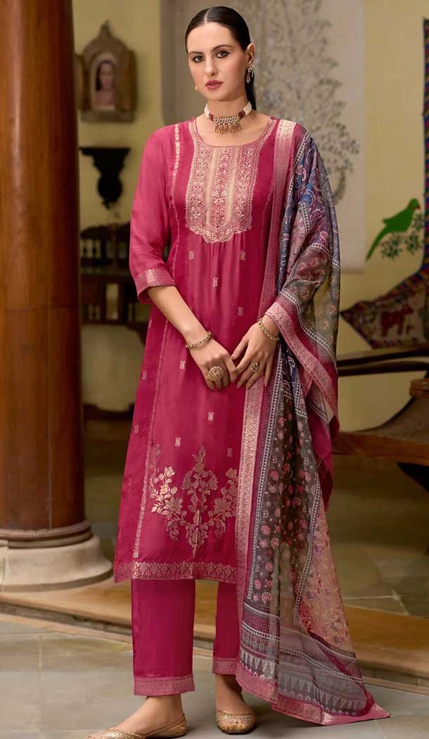 Cherry Red Viscose Jacquard Work Party Wear Salwar Suit - 12118205481