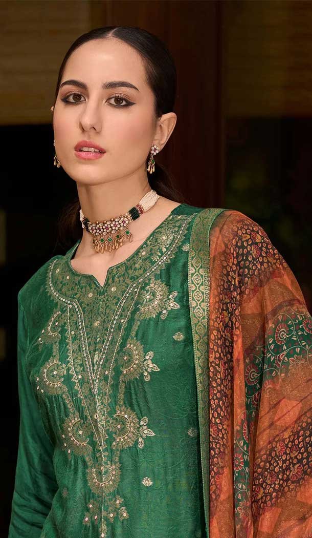 Green Viscose Jacquard Work Party Wear Salwar Suit - 12118205482