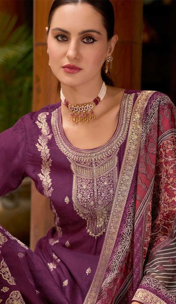 Purple Viscose Jacquard Work Party Wear Salwar Suit - 12118205484