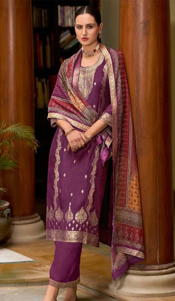 Purple Viscose Jacquard Work Party Wear Salwar Suit - 12118205484