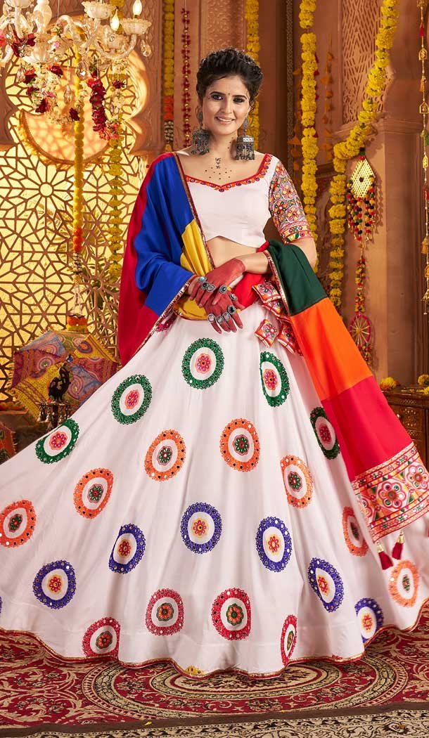 White Viscose Cotton Embroidery Work Navratri Chaniya Choli -159099189