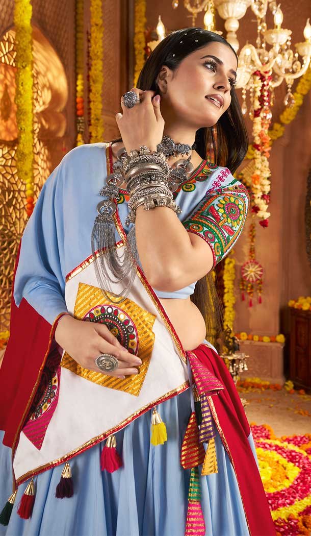 Sky Blue Viscose Cotton Designer Embroidery Work Navratri Chaniya Choli