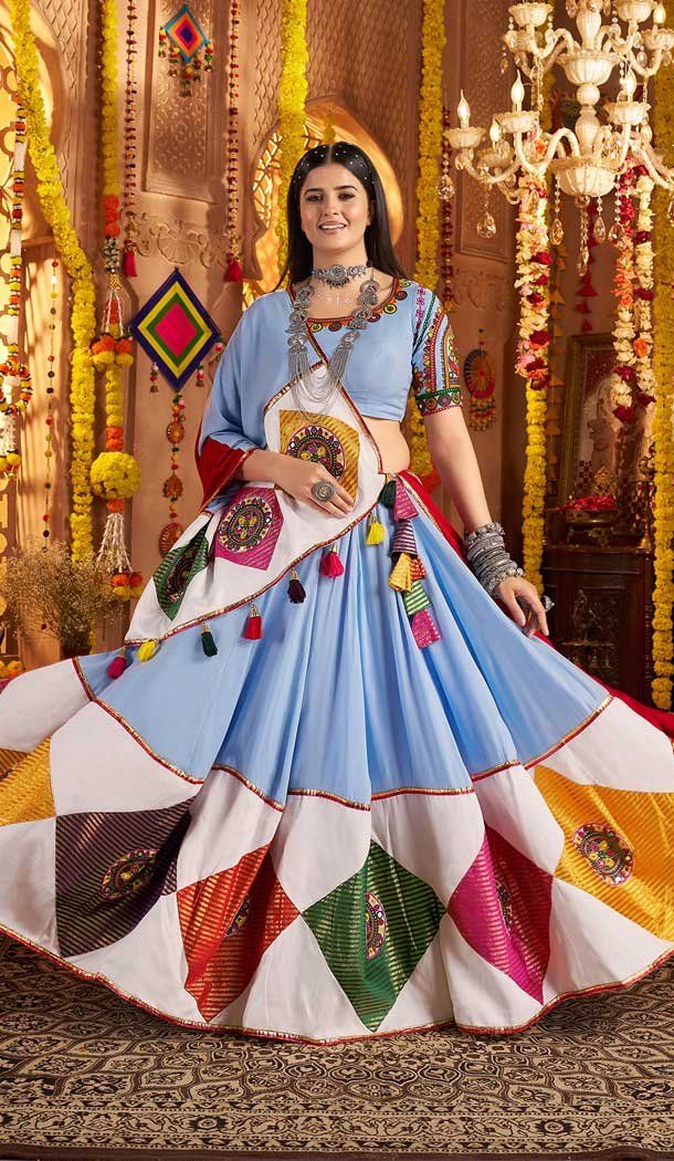 Sky Blue Viscose Cotton Designer Embroidery Work Navratri Chaniya Choli