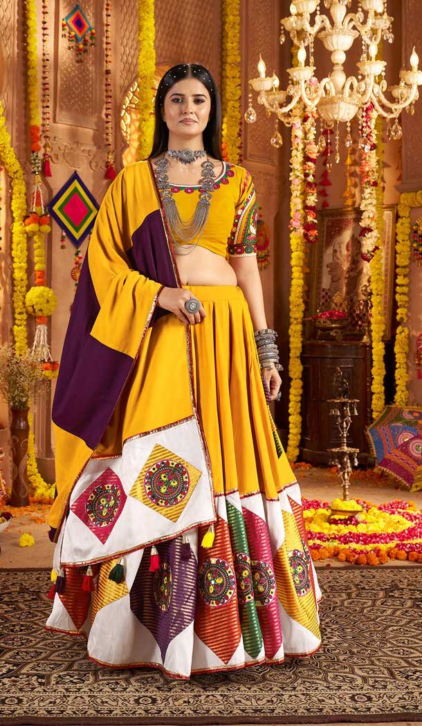 Mustard Viscose Cotton Designer Embroidery Work Navratri Chaniya Choli
