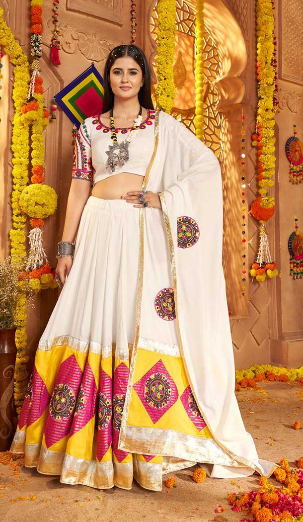 Off White Viscose Cotton Designer Embroidery Work Navratri Chaniya Choli