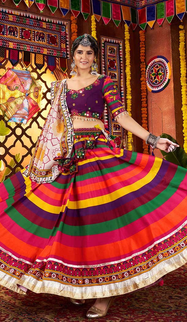 Women Purple Navratri Chaniya Choli Designer Embroidery Work Viscose Cotton - 159929716