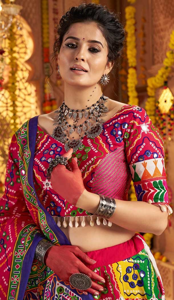 Women Navratri Chaniya Choli Embroidery Work Pink Jacquard Patch - 160099833