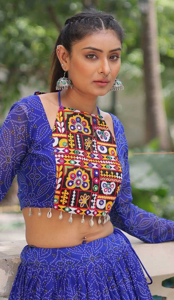 Women Blue Faux Georgette Navratri Chaniya Choli Kutchi Gamthi Embroidery Work - 160361016