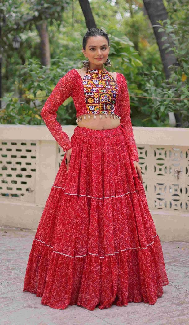 Women Navratri Chaniya Choli Bandhej Printed Kutchi Gamthi Embroidery Work Red - 160361018