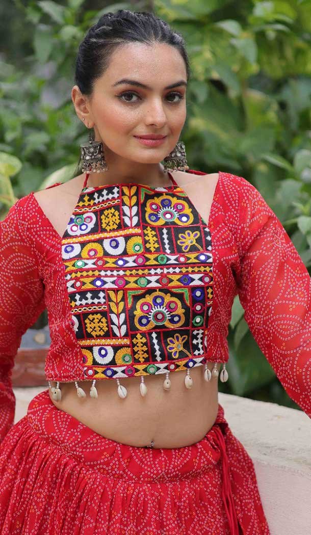 Women Navratri Chaniya Choli Bandhej Printed Kutchi Gamthi Embroidery Work Red - 160361018