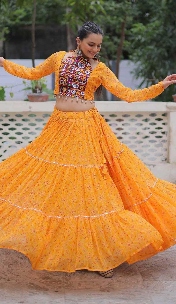 Women Navratri Chaniya Choli Yellow Kutchi Gamthi Embroidery Work Bandhej Printed - 160361019