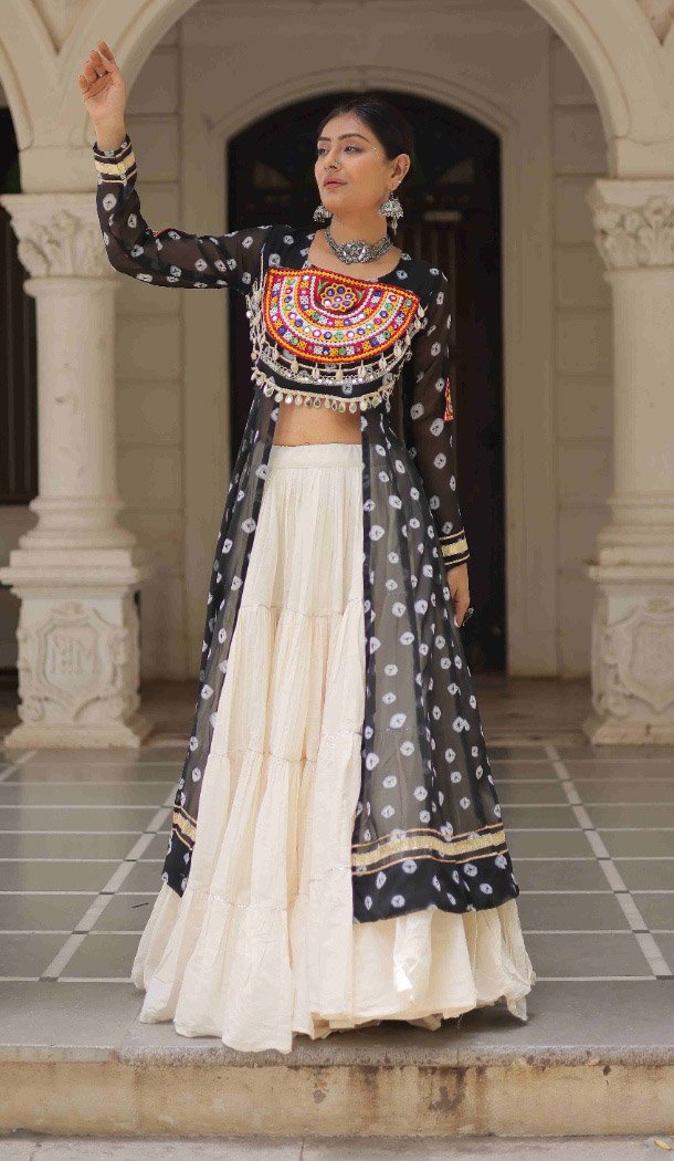 Women Faux Georgette Kutchi Patch Work Navratri Lehenga Suit Bandhani Printed - 160471086