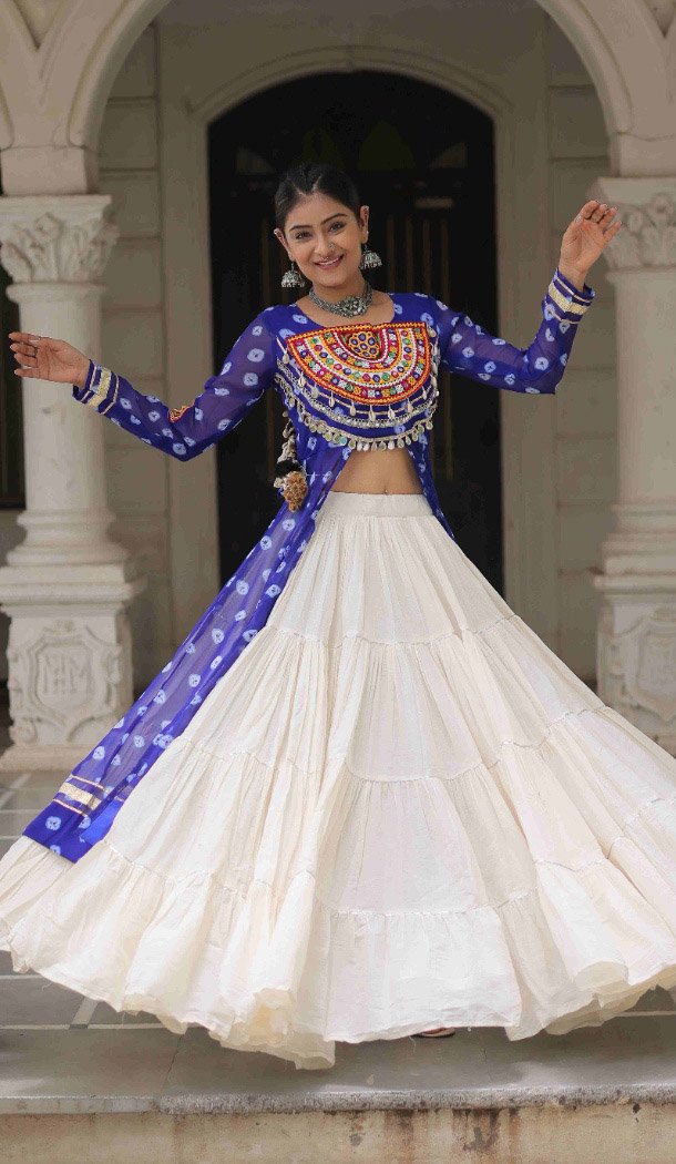 Women Navratri Lehenga Suit Faux Georgette Blue Bandhani Printed - 160471087