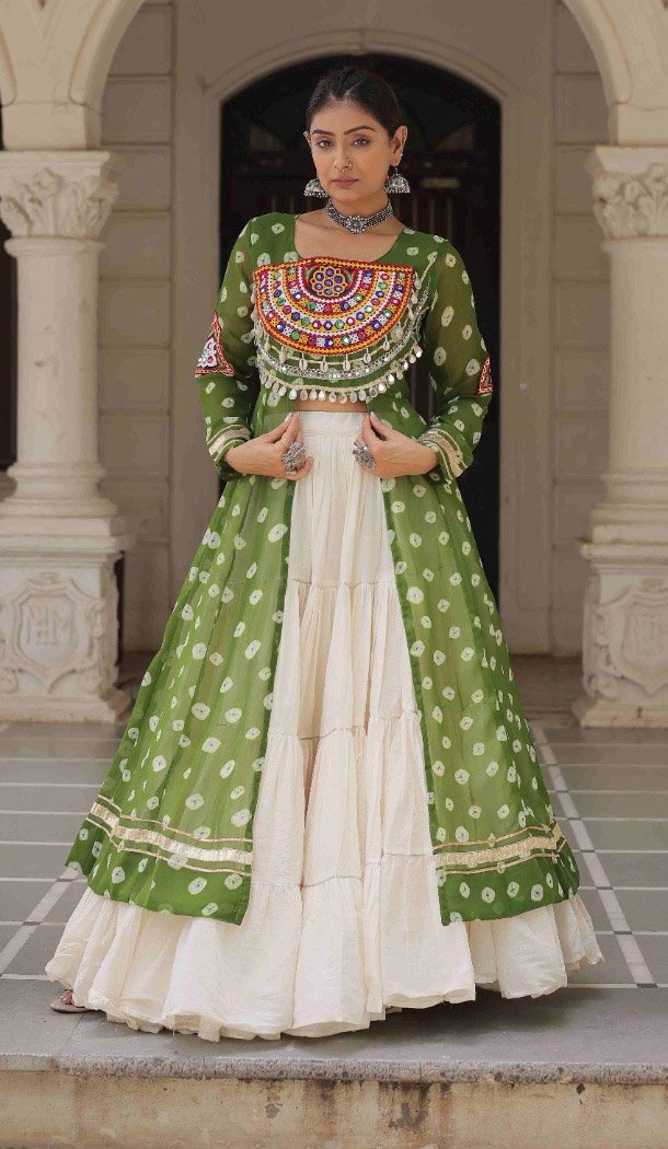 Women Bandhani Printed Parrot Green Navratri Lehenga Suit Faux Georgette - 160471088