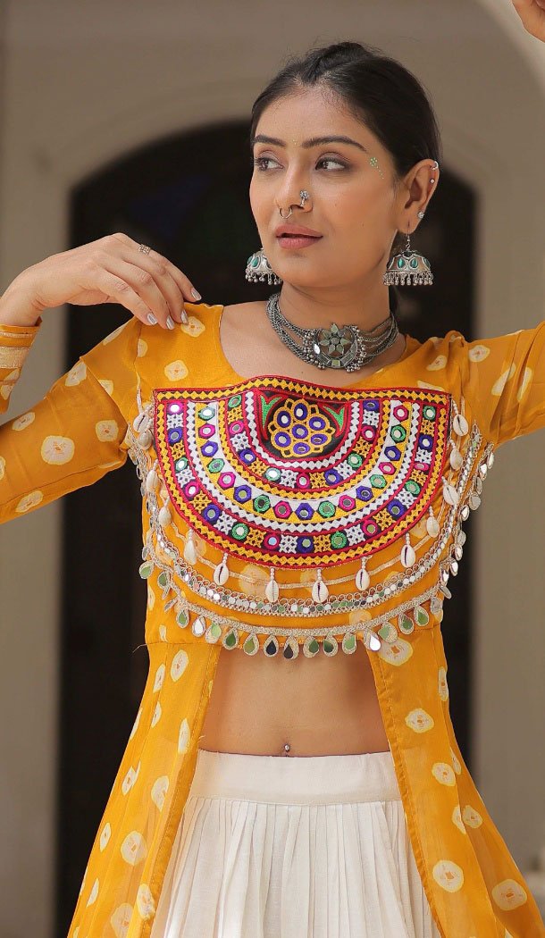 Women Faux Georgette Bandhani Printed Navratri Lehenga Suit Yellow - 160471091