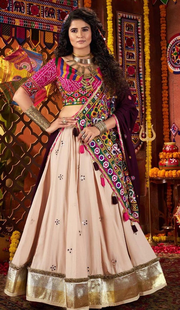 Women Viscose Cotton Navratri Chaniya Choli Beige Designer Embroidery Work - 160501099