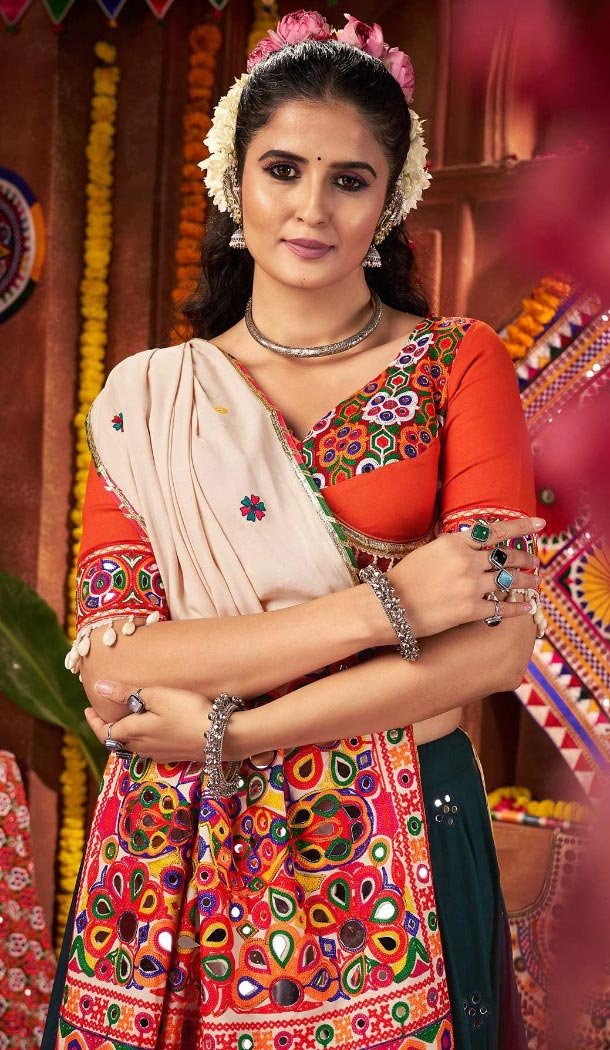 Women Teal Blue Navratri Chaniya Choli Designer Embroidery Work Viscose Cotton - 160501101