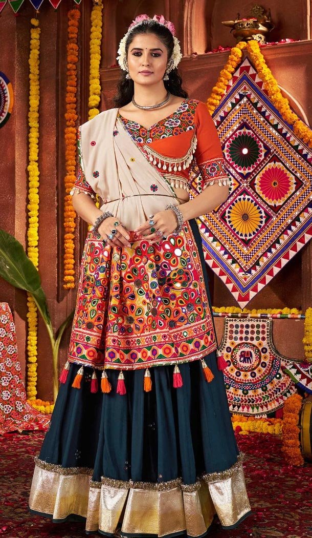 Women Teal Blue Navratri Chaniya Choli Designer Embroidery Work Viscose Cotton - 160501101