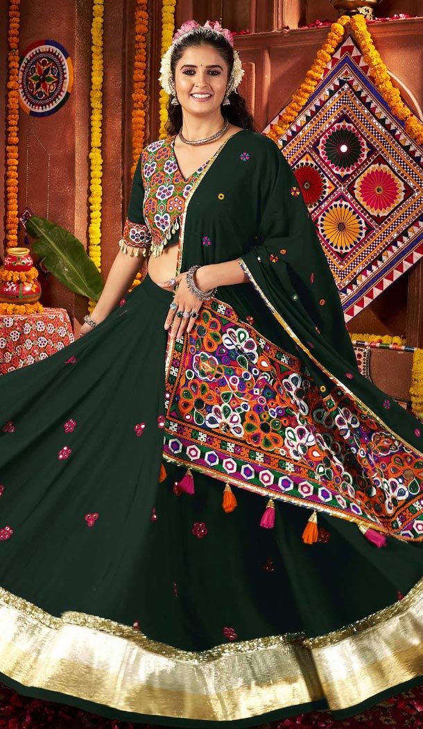Women Viscose Cotton Designer Embroidery Work Green Navratri Chaniya Choli - 160501103