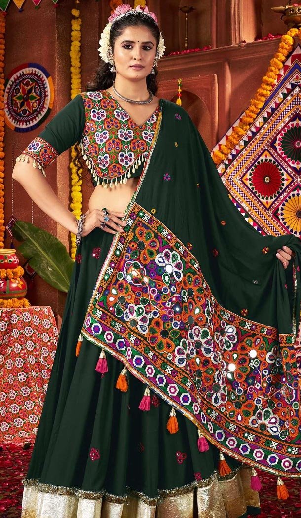 Women Viscose Cotton Designer Embroidery Work Green Navratri Chaniya Choli - 160501103