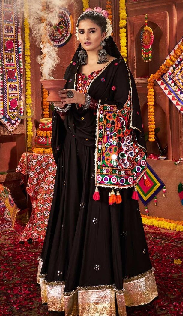 Women Black Navratri Chaniya Choli Designer Embroidery Work Viscose Cotton - 160501105