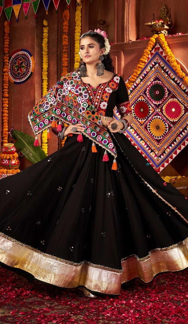 Women Black Navratri Chaniya Choli Designer Embroidery Work Viscose Cotton - 160501105