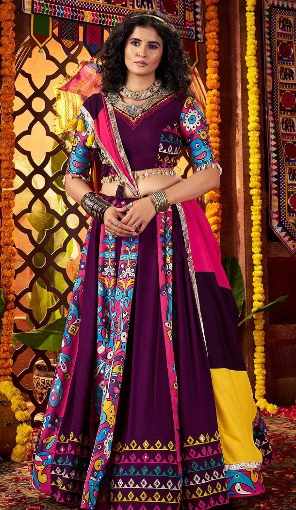 Women Designer Embroidery Work Purple Navratri Chaniya Choli Viscose Cotton - 160571132