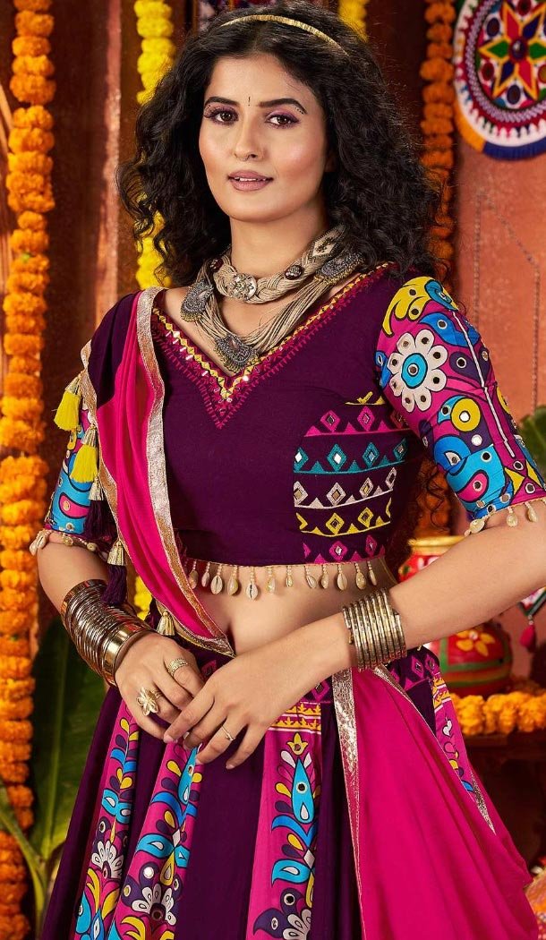 Women Designer Embroidery Work Purple Navratri Chaniya Choli Viscose Cotton - 160571132