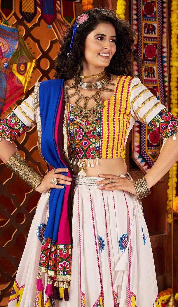 Women Gajji Silk Navratri Chaniya Choli Designer Embroidery Work White - 160571134