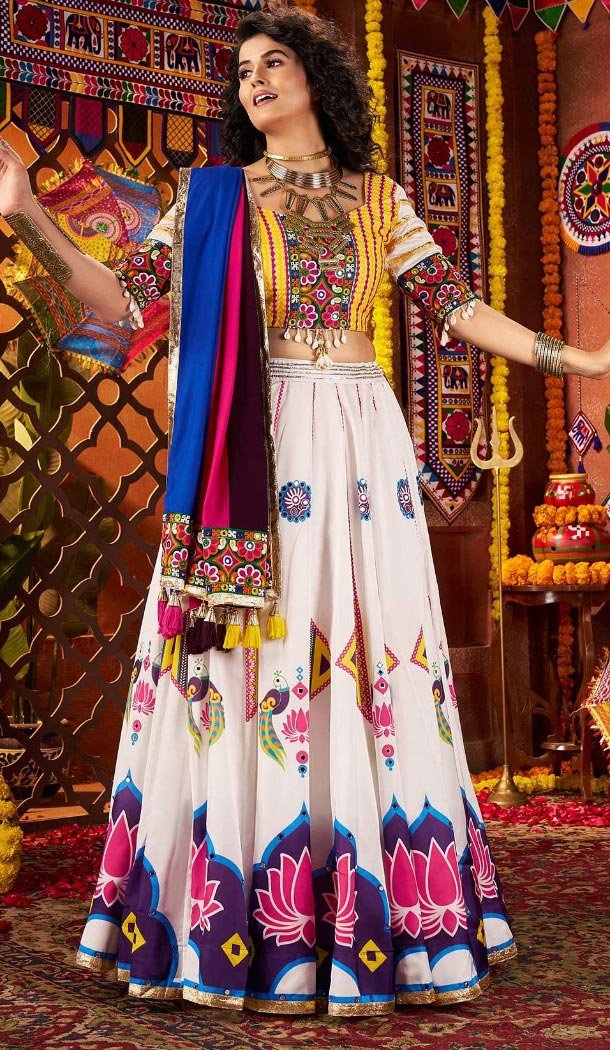 Women Gajji Silk Navratri Chaniya Choli Designer Embroidery Work White - 160571134