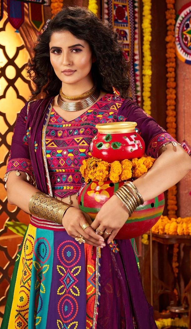 Women Multi color Navratri Chaniya Choli Gajji Silk Designer Embroidery Work - 160571135