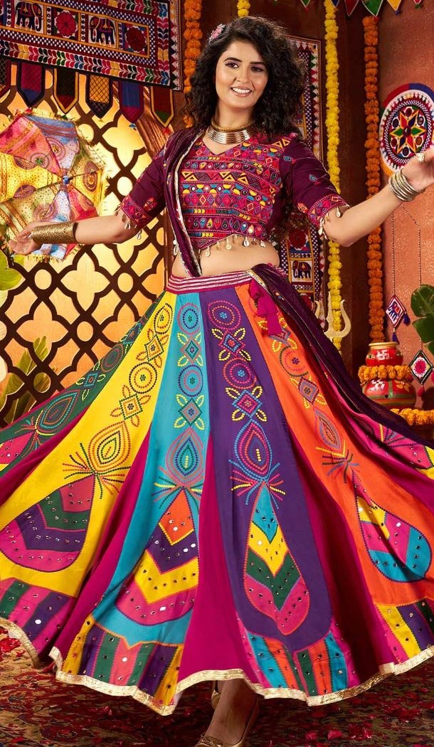 Women Multi color Navratri Chaniya Choli Gajji Silk Designer Embroidery Work - 160571135