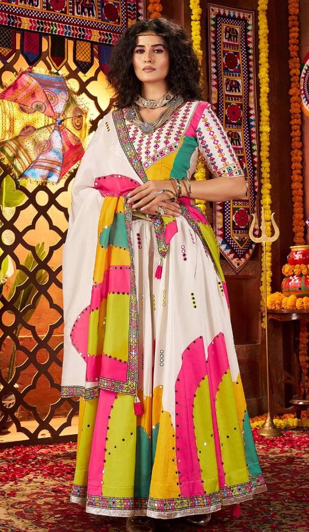 Women Gajji Silk Navratri Chaniya Choli Designer Embroidery Work White - 160571136