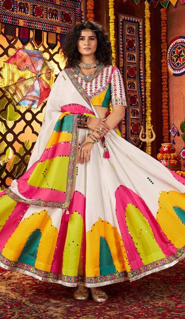 Women Gajji Silk Navratri Chaniya Choli Designer Embroidery Work White - 160571136