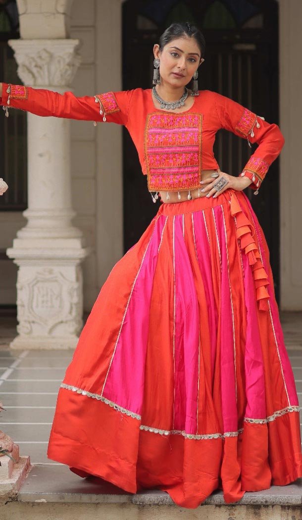 Women Navratri Chaniya Choli Orange Roman Silk Gamthi Mirror Embroidery Work - 160691193