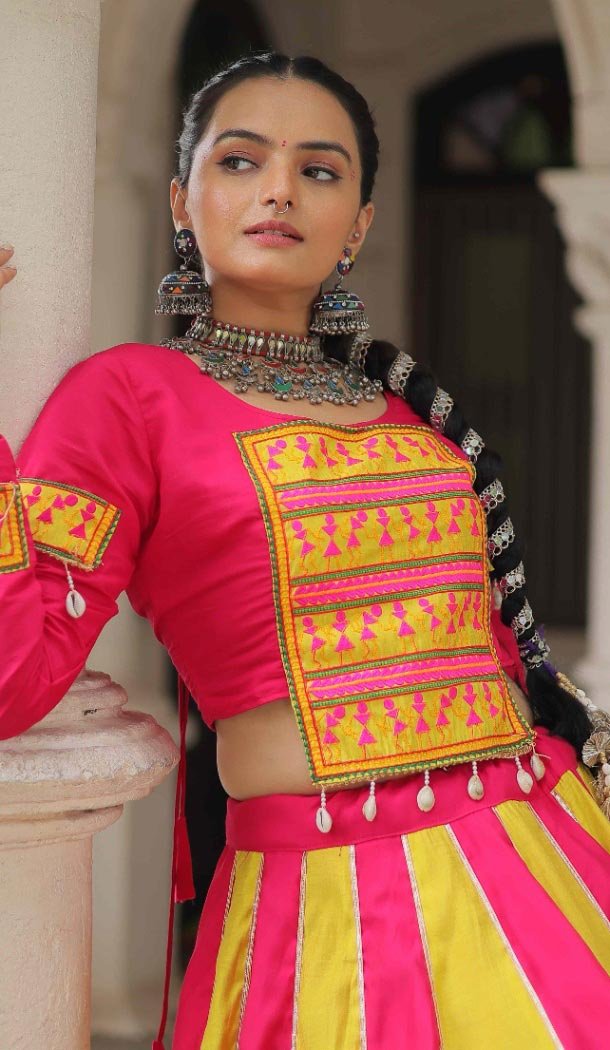 Women Navratri Chaniya Choli Gamthi Mirror Embroidery Work Roman Silk Pink - 160691194