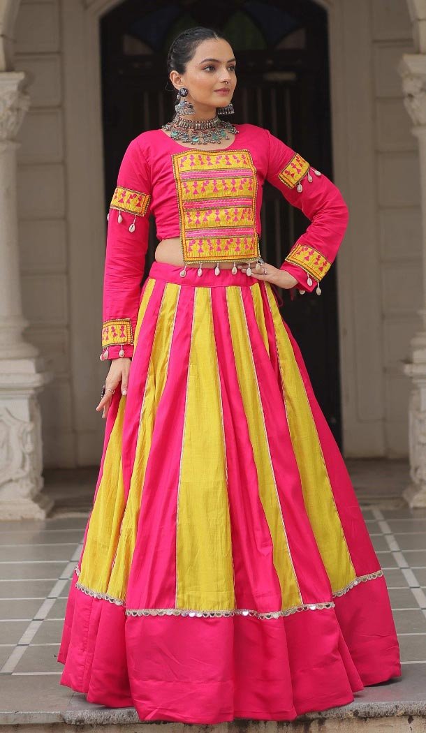 Women Navratri Chaniya Choli Gamthi Mirror Embroidery Work Roman Silk Pink - 160691194