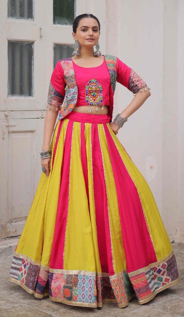 Women Navratri Chaniya Choli Roman Silk Pink Gamthi Thread Embroidery Work - 160691195