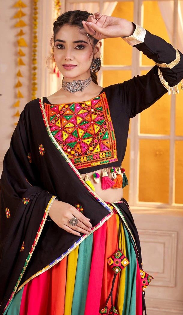 Women Viscose Cotton Black Designer Embroidery Work Navratri Chaniya Choli - 160811244
