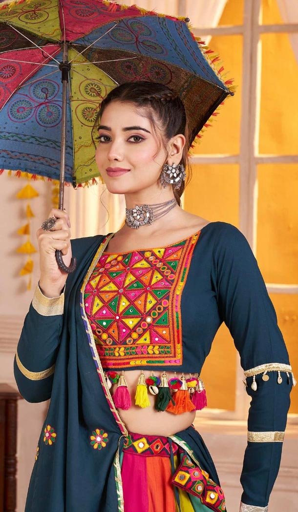 Women Navratri Chaniya Choli Viscose Cotton Designer Embroidery Work Teal Blue - 160811246