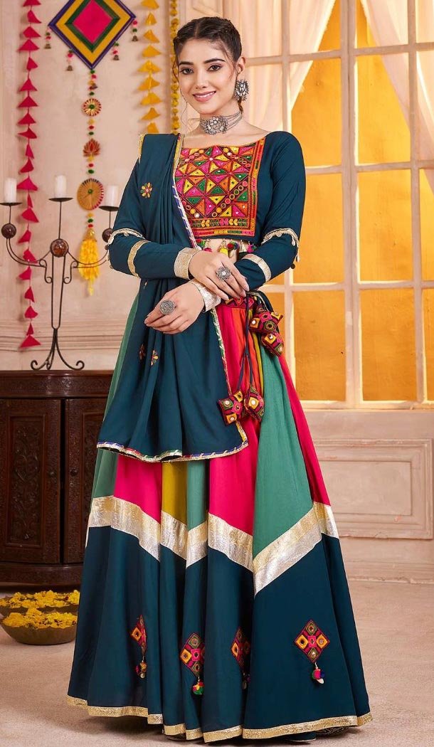 Women Navratri Chaniya Choli Viscose Cotton Designer Embroidery Work Teal Blue - 160811246