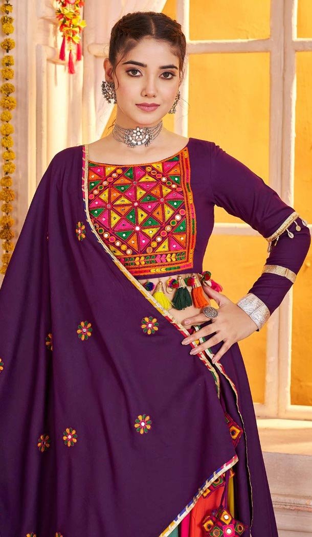 Women Navratri Chaniya Choli Designer Embroidery Work Purple Viscose Cotton - 160811247